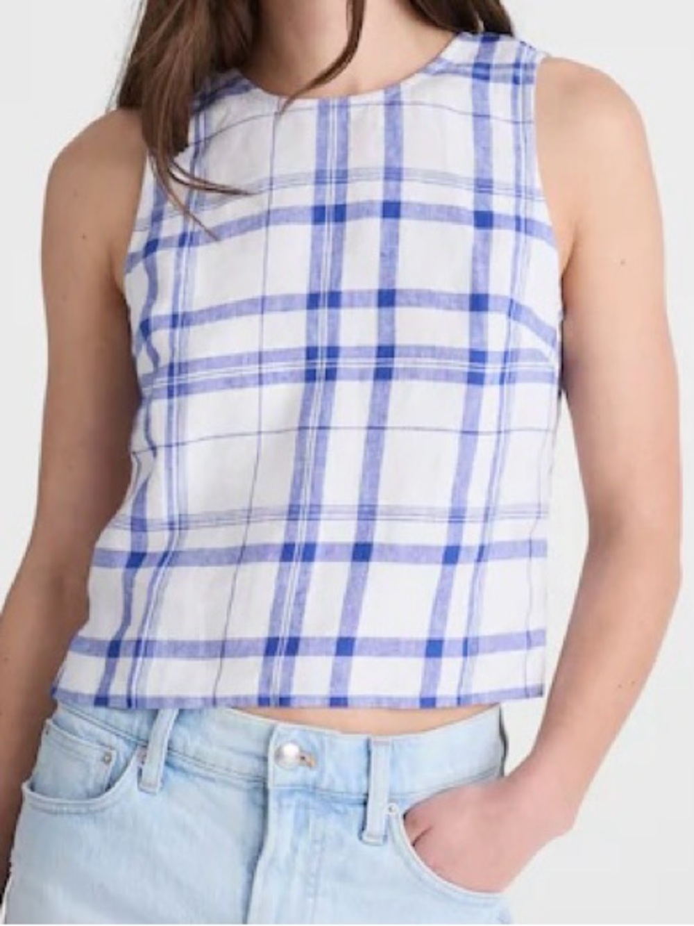 NWT Madewell Tie-Back Shell Top in 100% Linen in Oversized Blue White Plaid